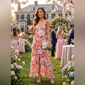 WAYF Pink Floral Tiered Ruffle Maxi Dress - Size Small